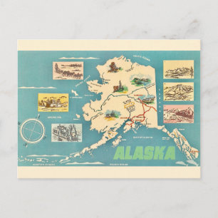 Cartão Postal Mapa Retro de Alaska Postcard 