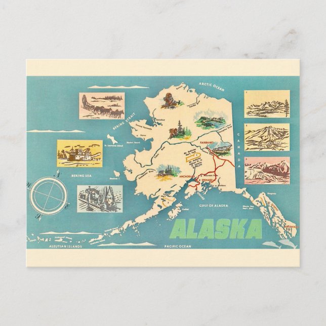 Cartão Postal Mapa Retro de Alaska Postcard  (Frente)