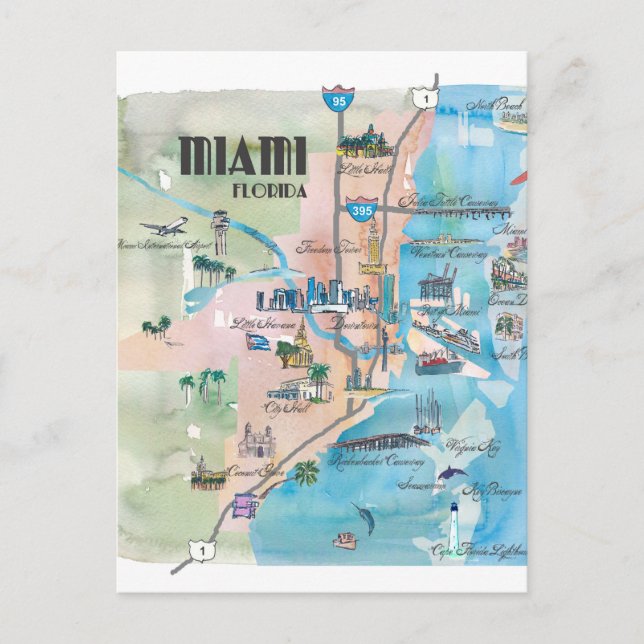 Cartão Postal Mapa Retro de Miami Flórida (Frente)