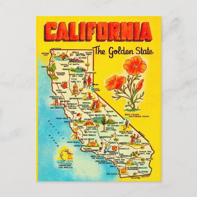 Cartão Postal Mapa Retro do Estado da Califórnia  (Frente)