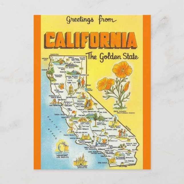 Cartão Postal Mapa Retro do Estado da Califórnia  (Frente)