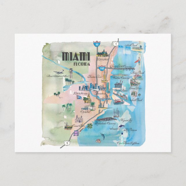 Cartão Postal Mapa Retroativo de Miami Flórida (Frente)