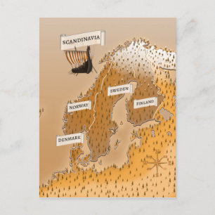 Cartão Postal Mapa Sepia Da Escandinávia