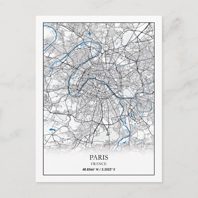 Cartão Postal Mapa Simples de Viagem da Cidade de Paris França (Frente)
