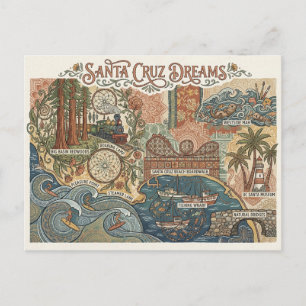 Cartão Postal Mapa Sonhos de Santa Cruz Califórnia UCSC Surfing