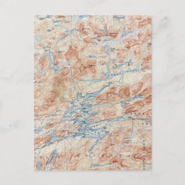 Cartão Postal Mapa Topográfico Antigo do Lago Raquette Nova York (Frente)