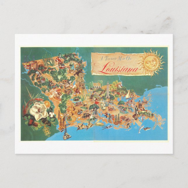 Cartão Postal Mapa Turístico Antigo da Louisiana (Frente)
