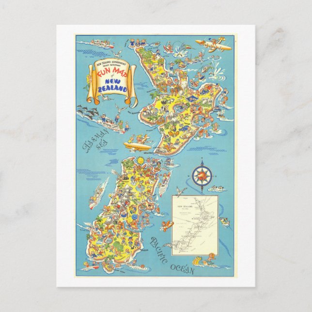 Cartão Postal Mapa Turístico Antigo da Nova Zelândia (Frente)