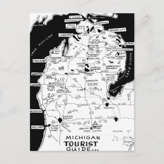 Cartão Postal Mapa turístico de Michigan em cartão-postal (Frente)