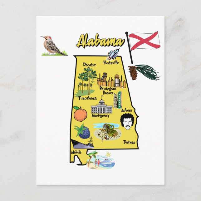 Cartão Postal Mapa turístico do Alabama com marcos (Frente)