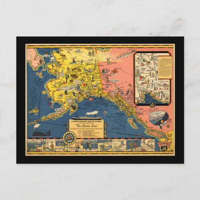 Cartão Postal Mapa Turístico do Alasca do Passado (Frente)