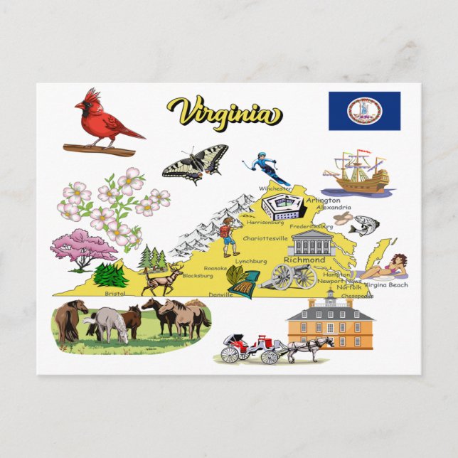 Cartão Postal Mapa turístico do estado da Virgínia (Frente)