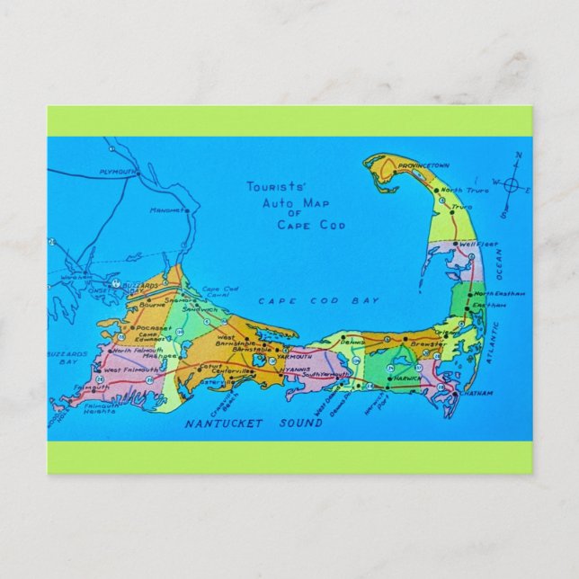 Cartão Postal Mapa turístico do Old Cape Cod (Frente)