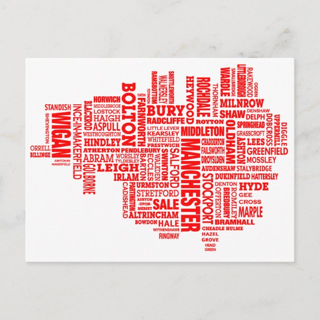 Cartão Postal Mapa vermelho do Grande Manchester (Frente)
