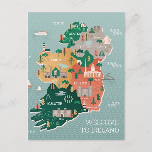 Cartão Postal Mapa viagem da Irlanda | Marcas e cidades (Frente)