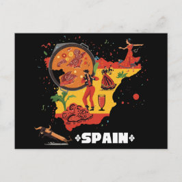 Cartão Postal Mapa Vibrante da Espanha Flamenco, Paella e Touro