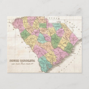 Cartão Postal Mapa Vintage da Carolina do Sul (1827)