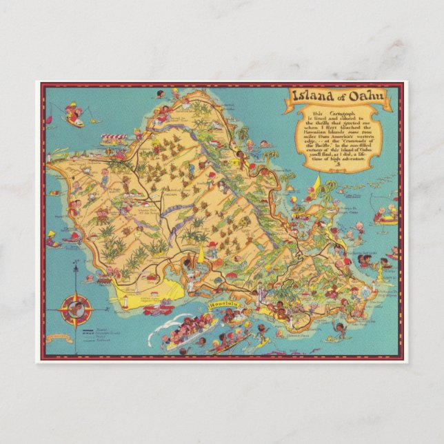 Cartão Postal Mapa Vintage da Ilha de Oahu (Frente)