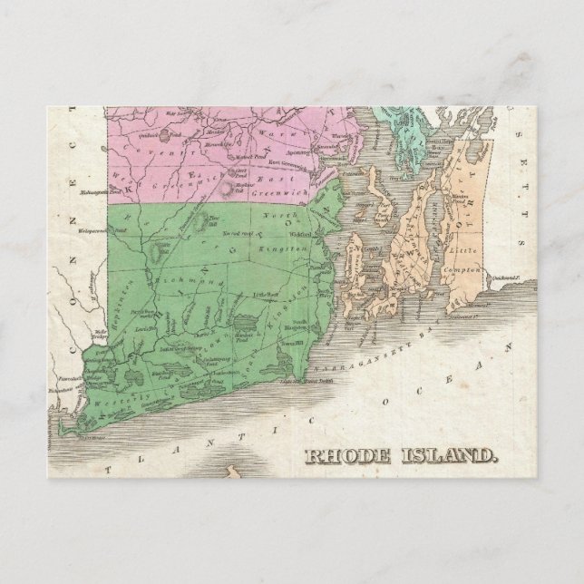 Cartão Postal Mapa Vintage da Ilha Rhode (1827) (Frente)