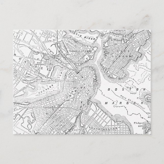 Cartão Postal Mapa Vintage de Boston (1878) (Frente)