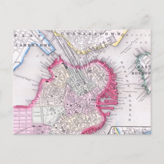 Cartão Postal Mapa Vintage de Boston Centro (1864) (Frente)