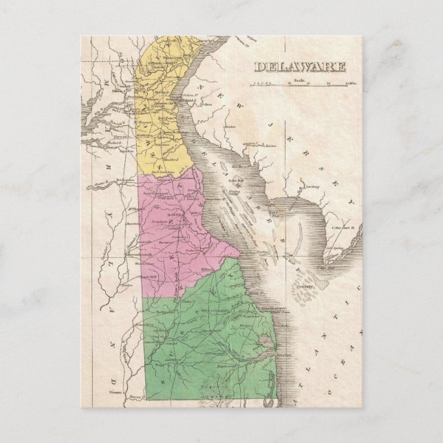Cartão Postal Mapa Vintage de Delaware (1827) (Frente)