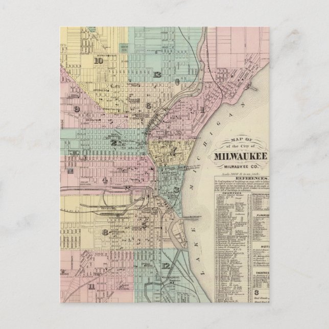 Cartão Postal Mapa Vintage de Milwaukee Wisconsin (1878) (Frente)