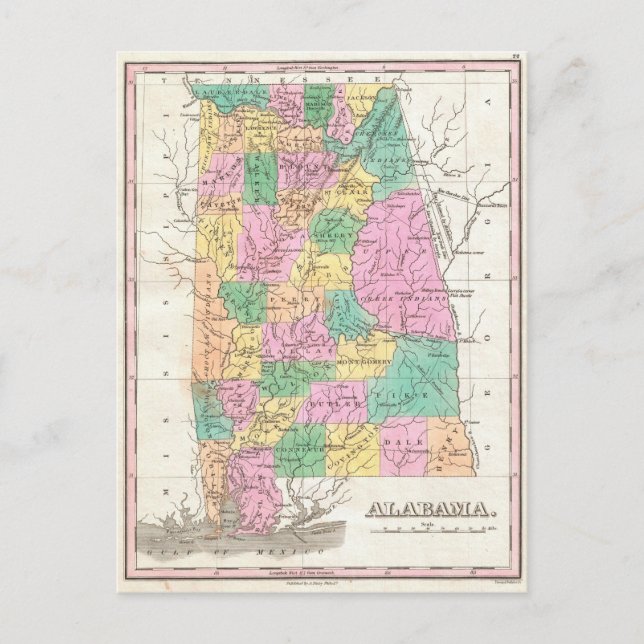 Cartão Postal Mapa Vintage do Alabama (1827) (Frente)