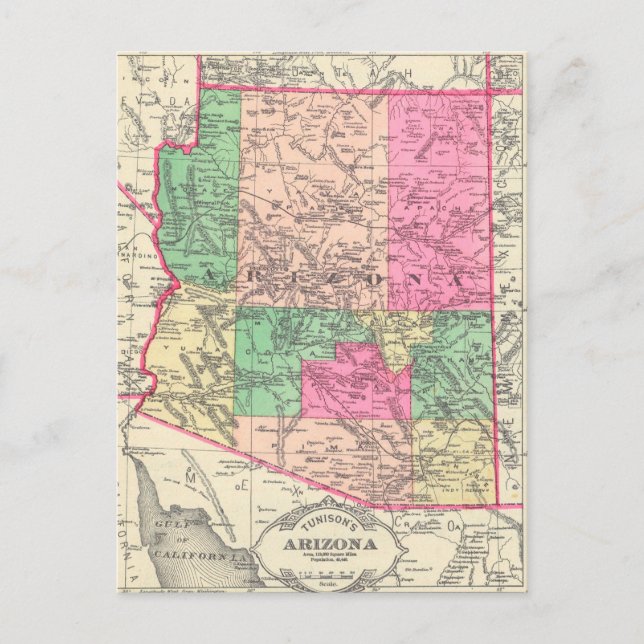 Cartão Postal Mapa Vintage do Arizona (1881) (Frente)