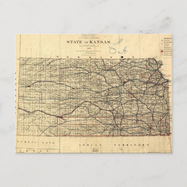 Cartão Postal Mapa Vintage do Kansas (1884) (Frente)