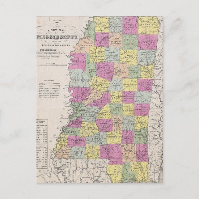 Cartão Postal Mapa Vintage do Mississippi (1853) (Frente)