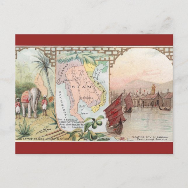 Cartão Postal Mapa Vintage do Sião Tailândia (Frente)