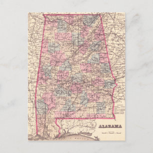 Cartão Postal Mapa Vintage dos condados do Alabama (1876)