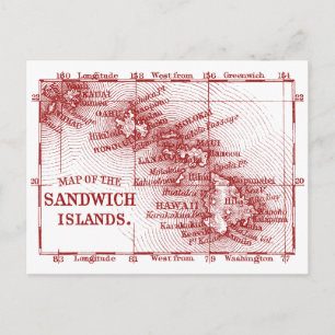 Cartão Postal Mapa Vintage Hawaii, Vermelho