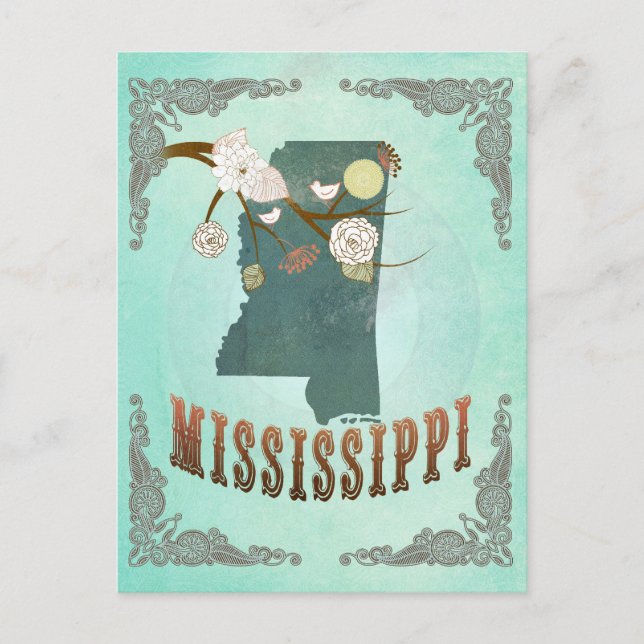 Cartão Postal Mapa Vintage Mississippi - Turquoise Blue (Frente)