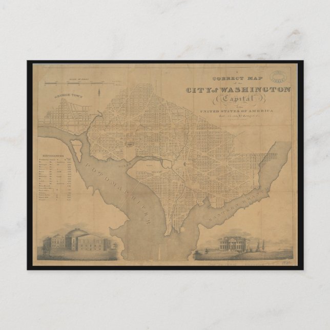 Cartão Postal Mapa Vintage Washington DC 1820 (Frente)