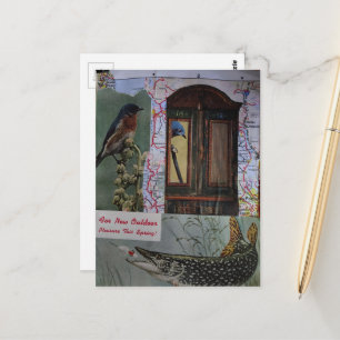 Cartão Postal Mapas com Colagem Retro de Pássaros e Peixes