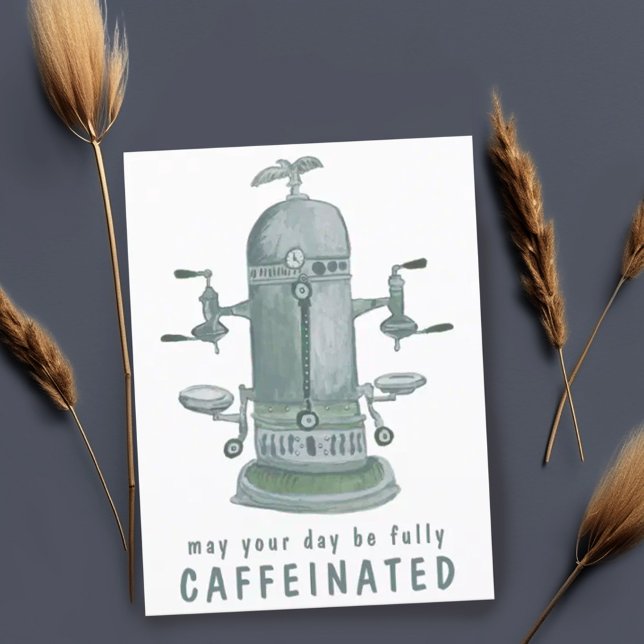 Cartão Postal Máquina de café expresso antiga PERSONALIZÁVEL eng (Cute funny postcard with vintage espresso machine watercolor art. Add your own text to customize)