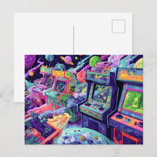 Cartão Postal Máquinas de Arcade Retrô no Espaço (Frente/Verso)