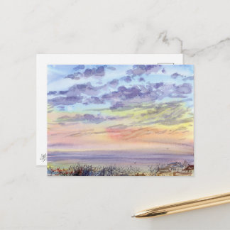 Cartão Postal Mar de Manhã e Nuvens Pastel em Aquarela