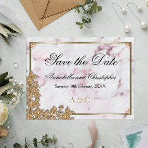 Cartão Postal Marble Rosa e Casamento Pérola Salvem a Data