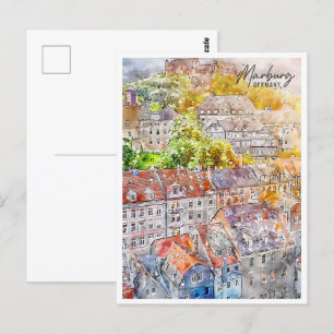 Cartão Postal Marburg Alemanha Viagem Place Watercolor