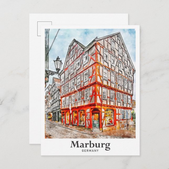 Cartão Postal Marburg Alemanha Viagem Watercolor Sketch (Frente/Verso)