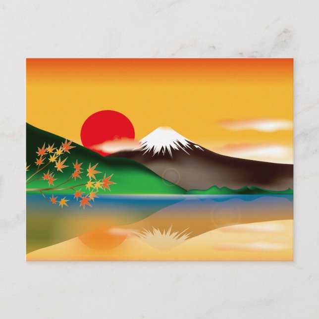 Cartão Postal Marco Japonês Monte Fuji com Sunset Laranja (Frente)