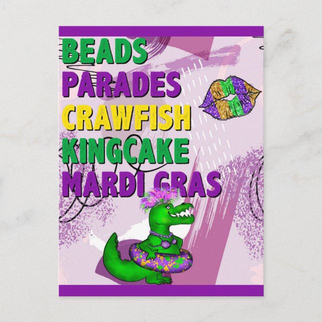 Cartão Postal Mardi Gras Alligator Purple Green Dourado (Frente)
