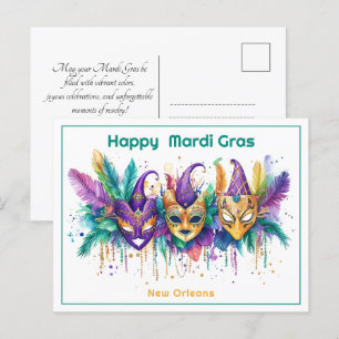 Cartão Postal 💚 💜 💛 Mardi Gras aquarela Mascarada Miscador