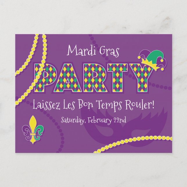 Cartão Postal Mardi Gras Beads Party Invitation (Frente)