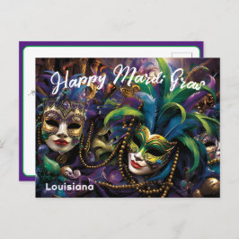 Cartão Postal 💚 💜 💛 Mardi Gras com belas máscaras
