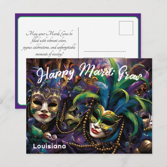 Cartão Postal 💚 💜 💛 Mardi Gras com belas máscaras (Frente/Verso)