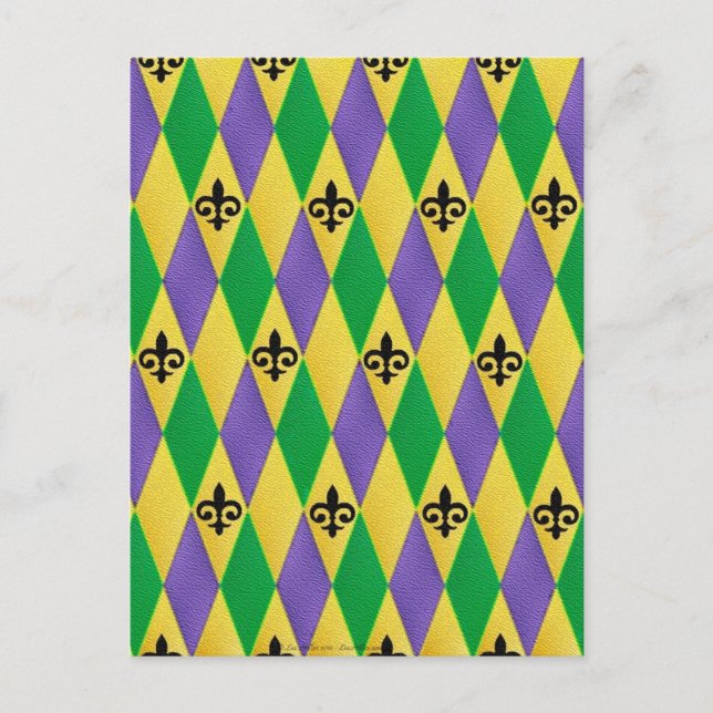 Cartão Postal Mardi Gras Harlequin Fleur De Lis (Frente)
